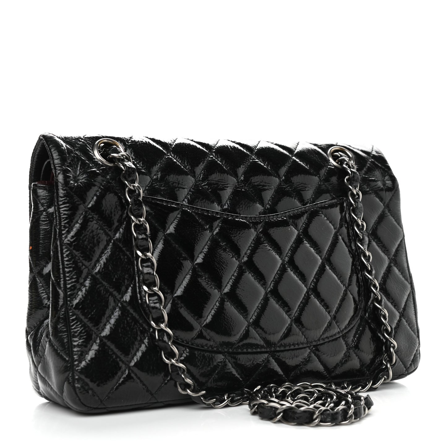 Distressed Patent Quilted Medium Double Flap Black