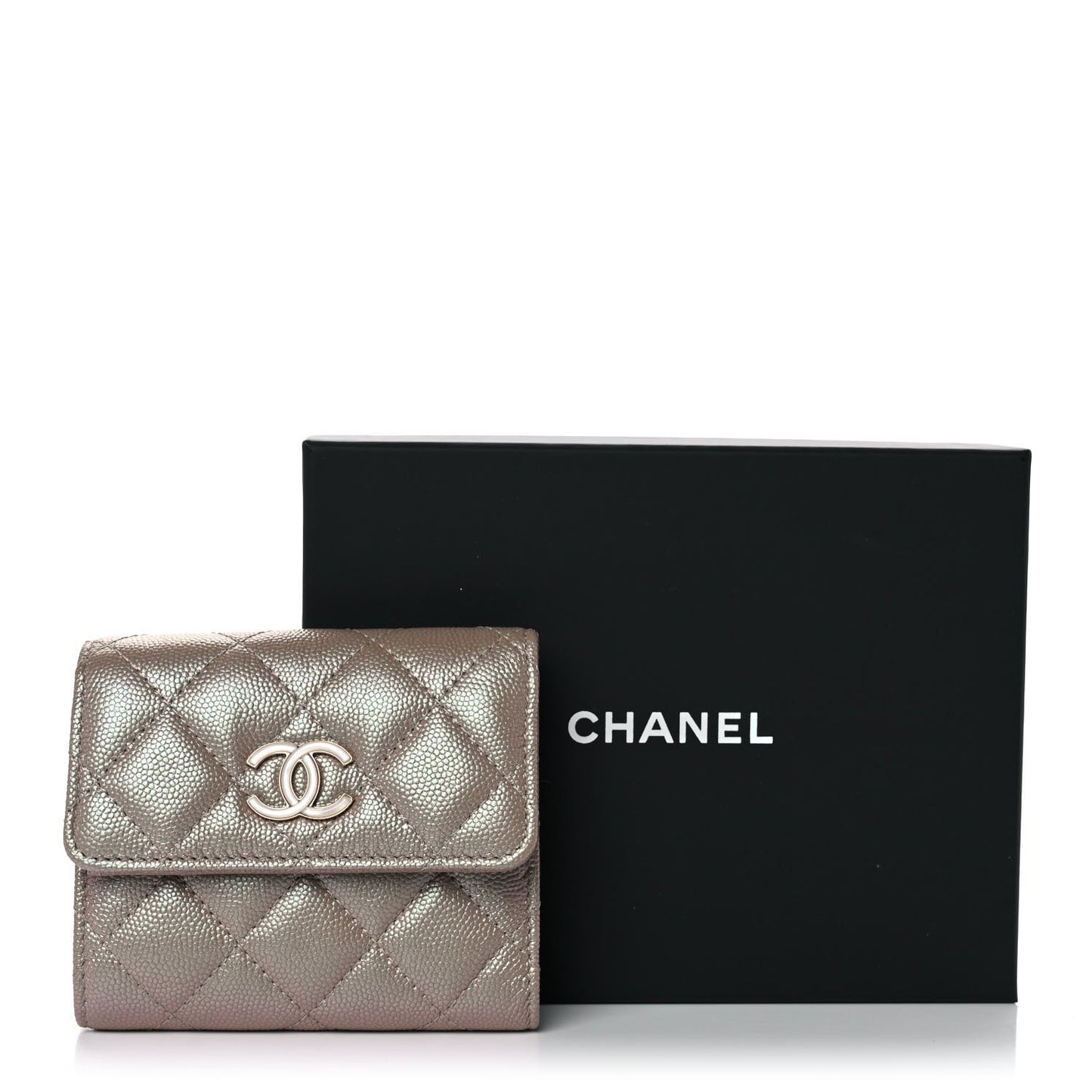 Iridescent Caviar Quilted Small Flap Wallet Beige