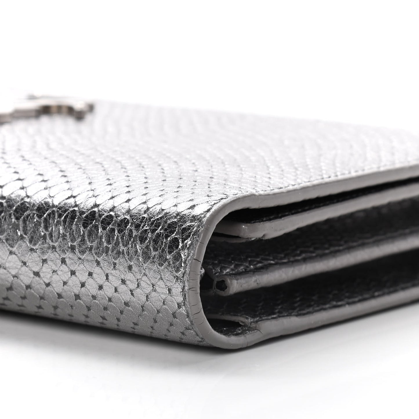 Metallic Calfskin Python Embossed Monogram Chain Wallet Silver