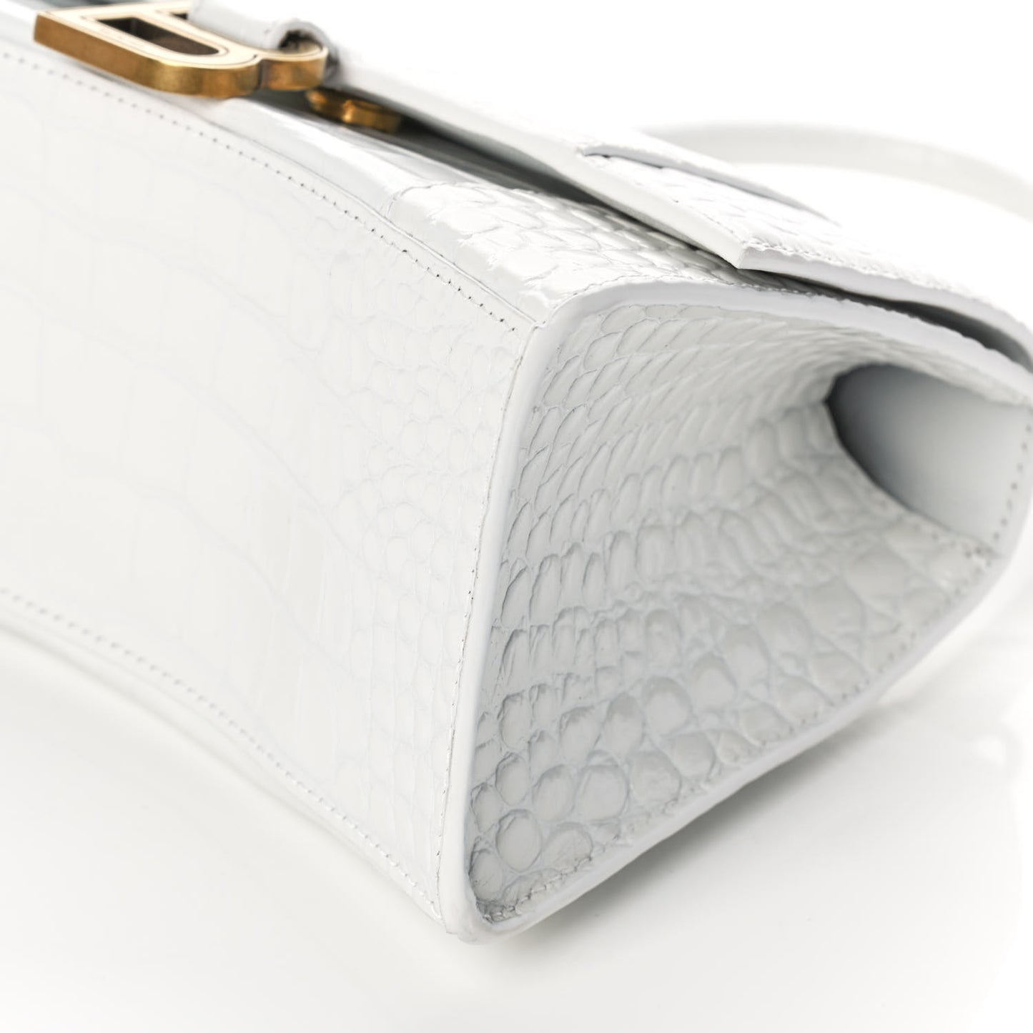 Shiny Calfskin Crocodile Embossed Small Hourglass Top Handle Bag White