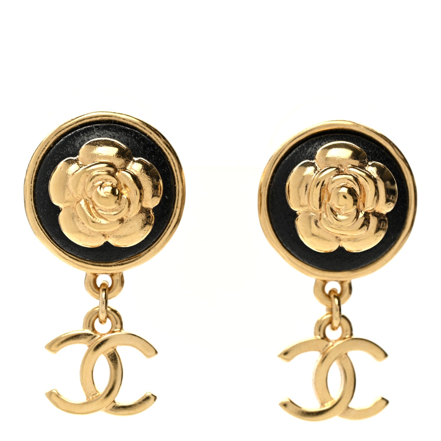 Chanel Metal Lambskin Camellia CC Drop Earrings Gold Black 1 of 5