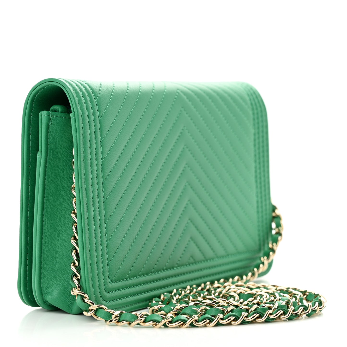 Lambskin Chevron Quilted Boy Wallet On Chain WOC Green