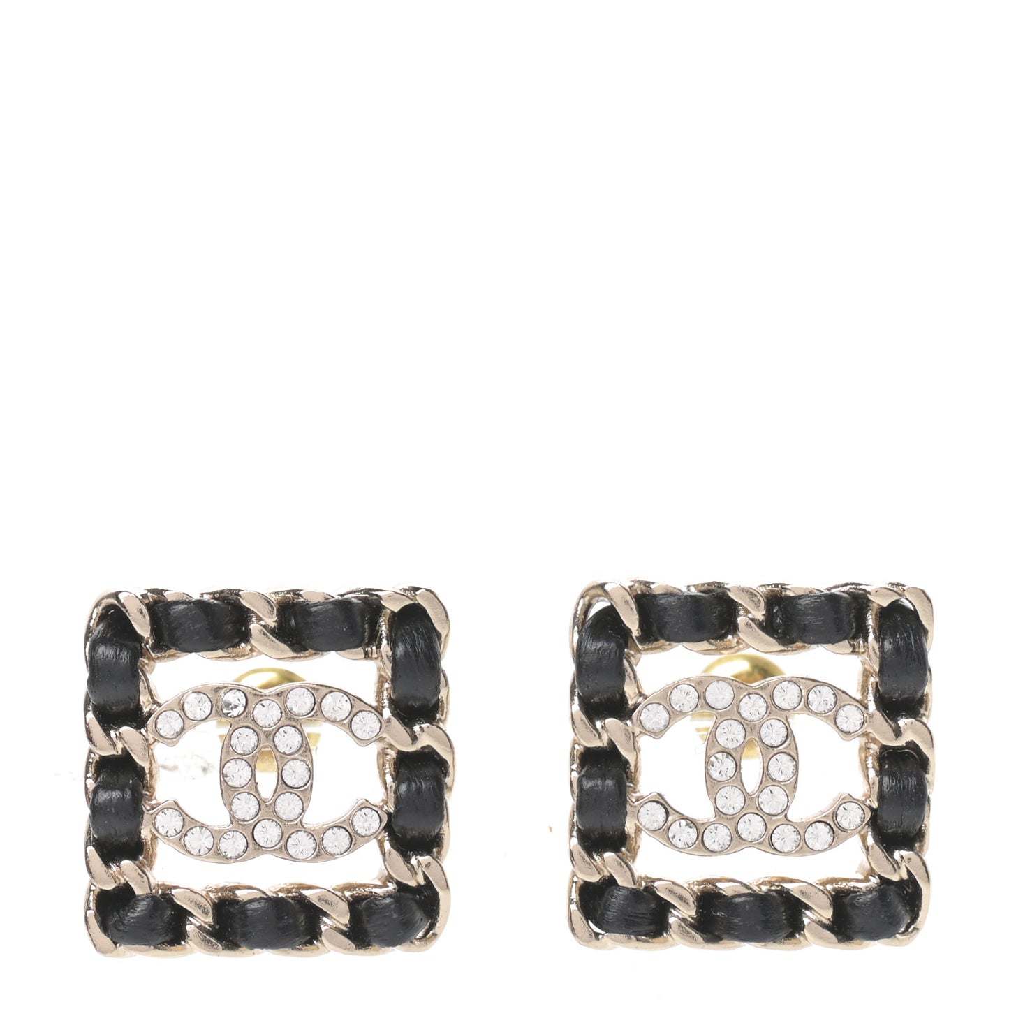 Crystal Lambskin Chain Sergeant Chanel Stud Earrings Black Gold