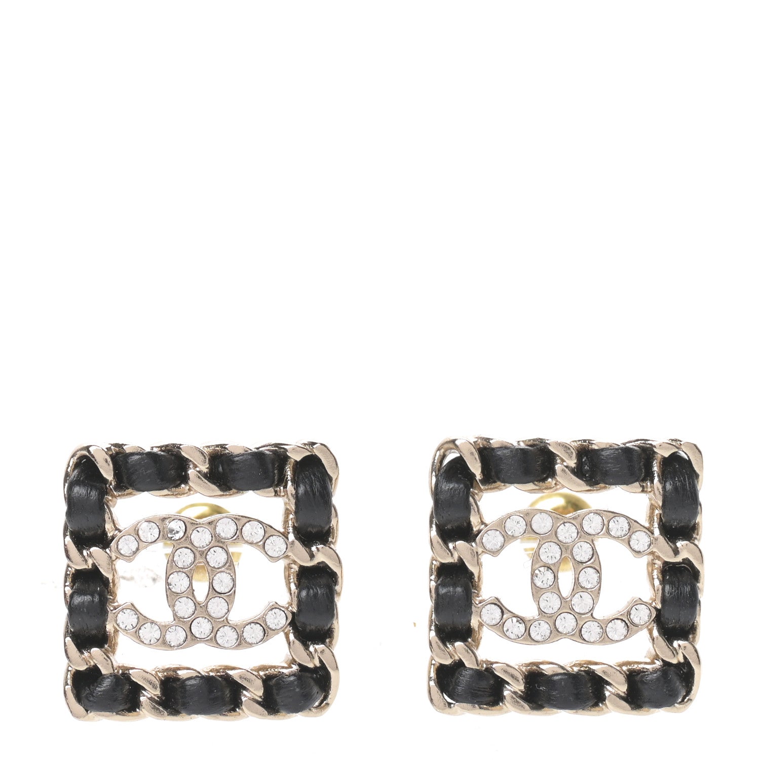 Chanel Crystal Lambskin Chain Sergeant Chanel Stud Earrings Black Gold 1 of 5