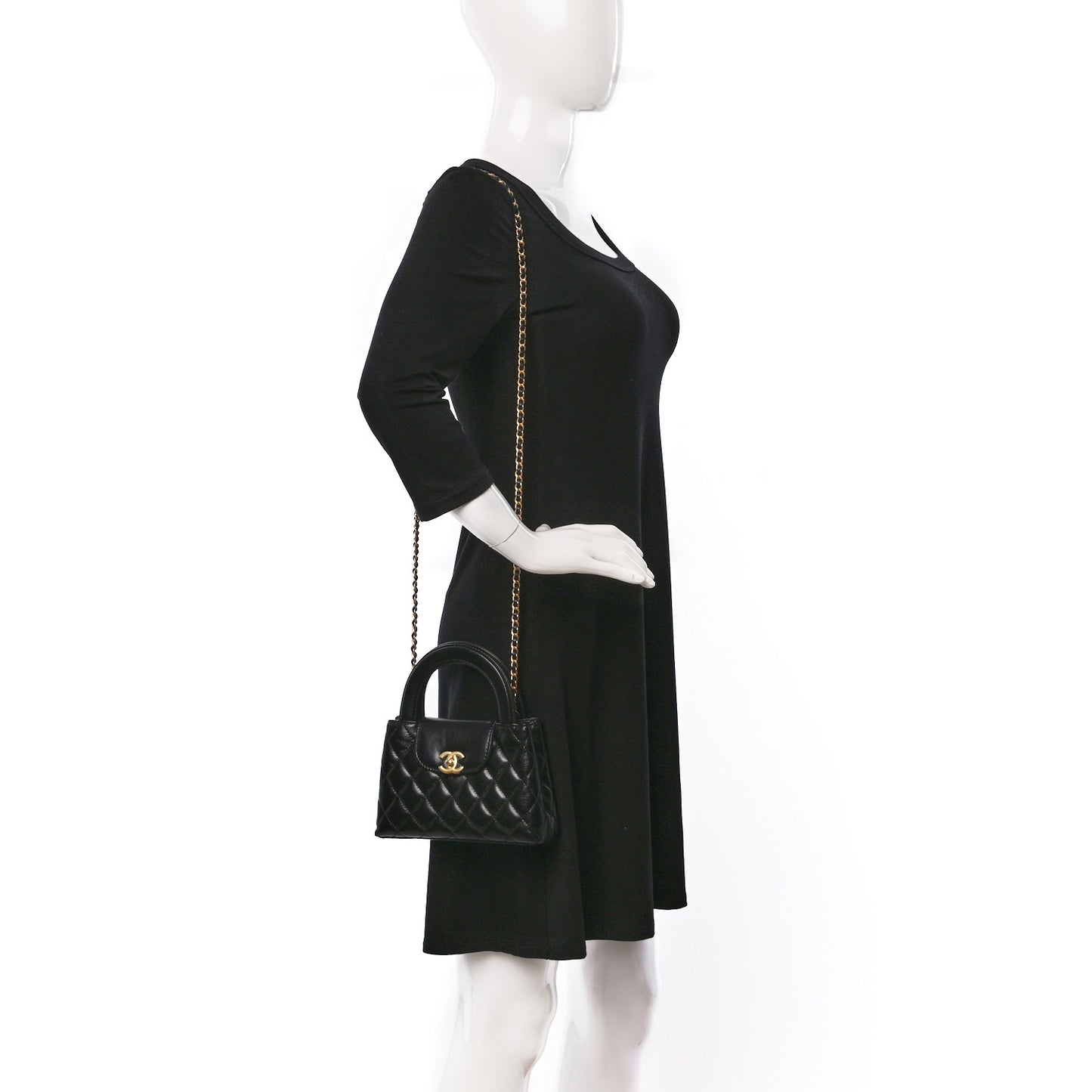 Shiny Aged Calfskin Quilted Nano Kelly Shopper Black