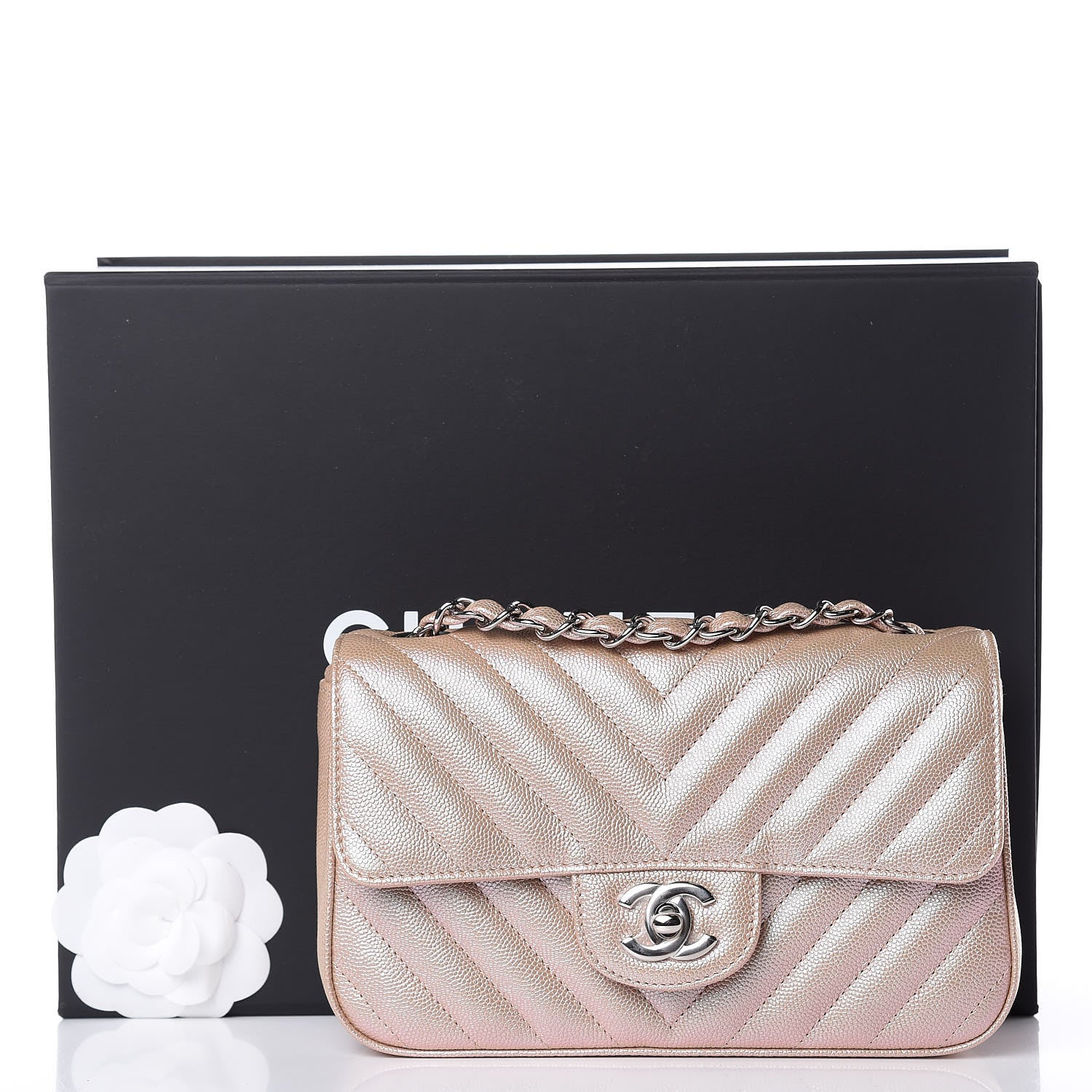Chanel Iridescent Caviar Chevron Quilted Mini Rectangular Flap Light Gold 10 of 10