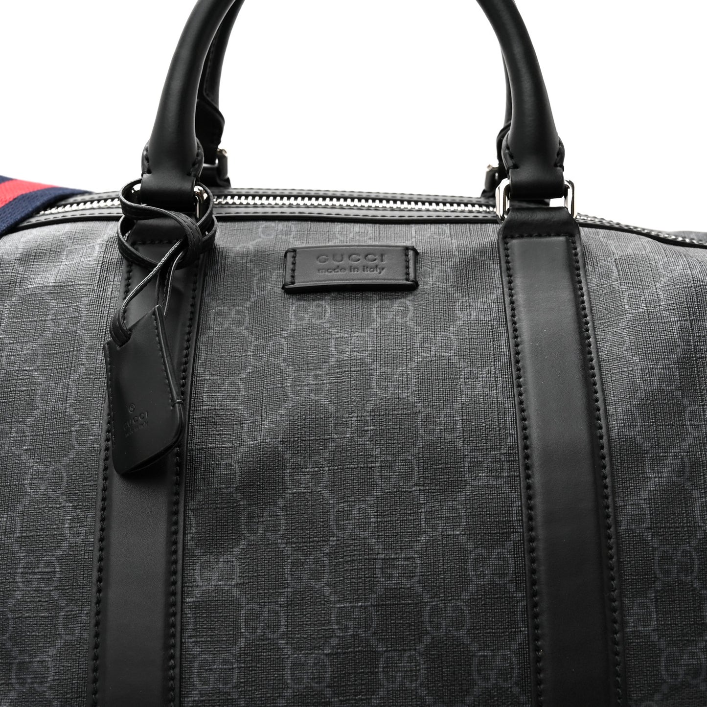 Soft GG Supreme Monogram Appia Calfskin Web Large Carry On Duffle Bag Black Grey