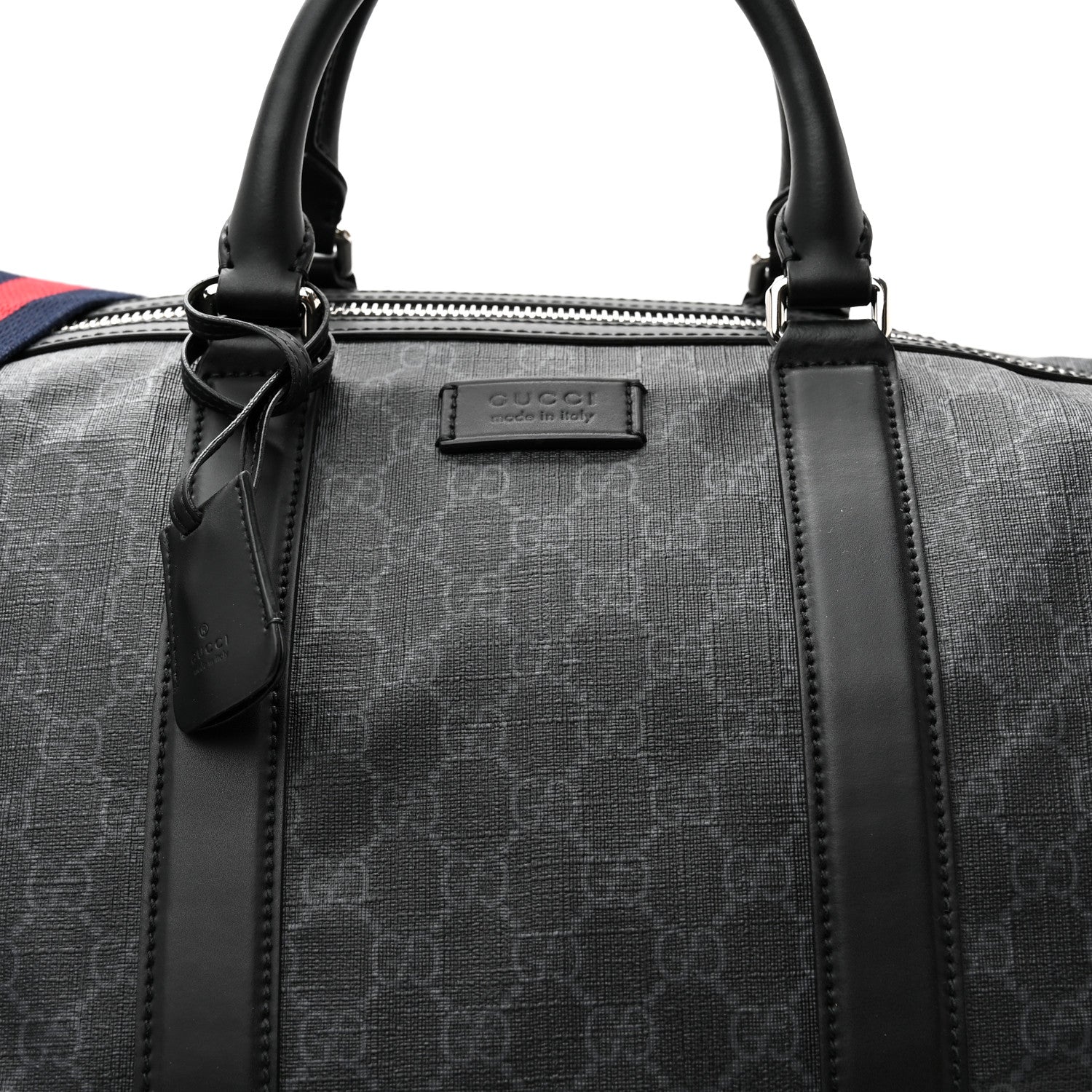 Gucci Soft GG Supreme Monogram Appia Calfskin Web Large Carry On Duffle Bag Black Grey 8 of 14