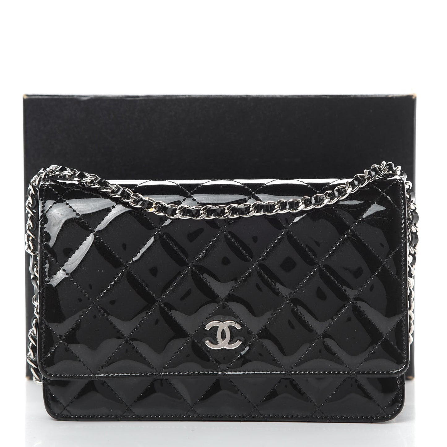 Patent Quilted Wallet On Chain WOC Black