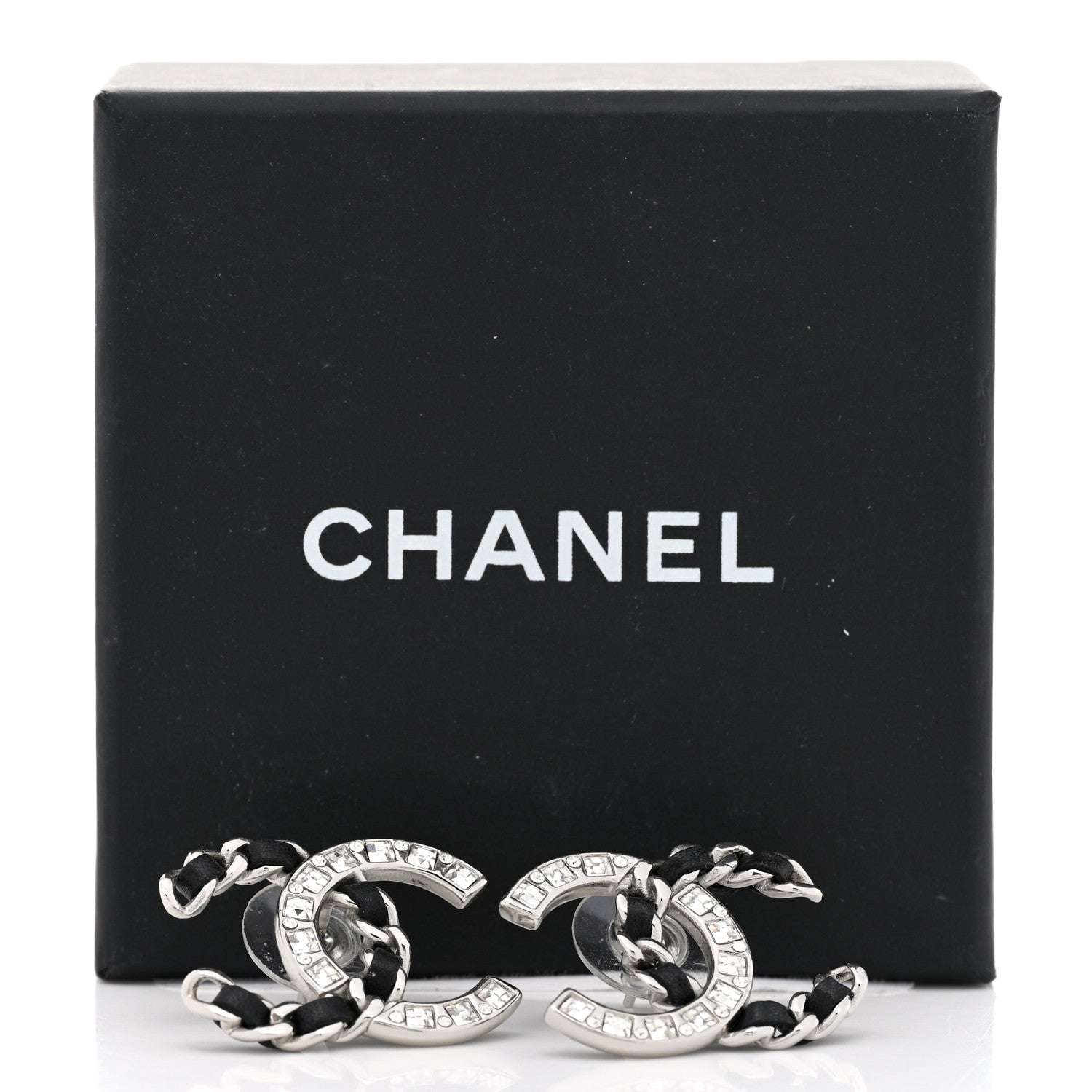 Chanel Crystal Baguette Lambskin Large CC Earrings Silver Black 5 of 5