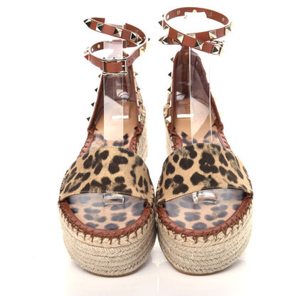 Valentino Garavani Canvas Leopard Print Rockstud Ankle Wrap Espadrille Flatform Sandals 38 Brown 5 of 11