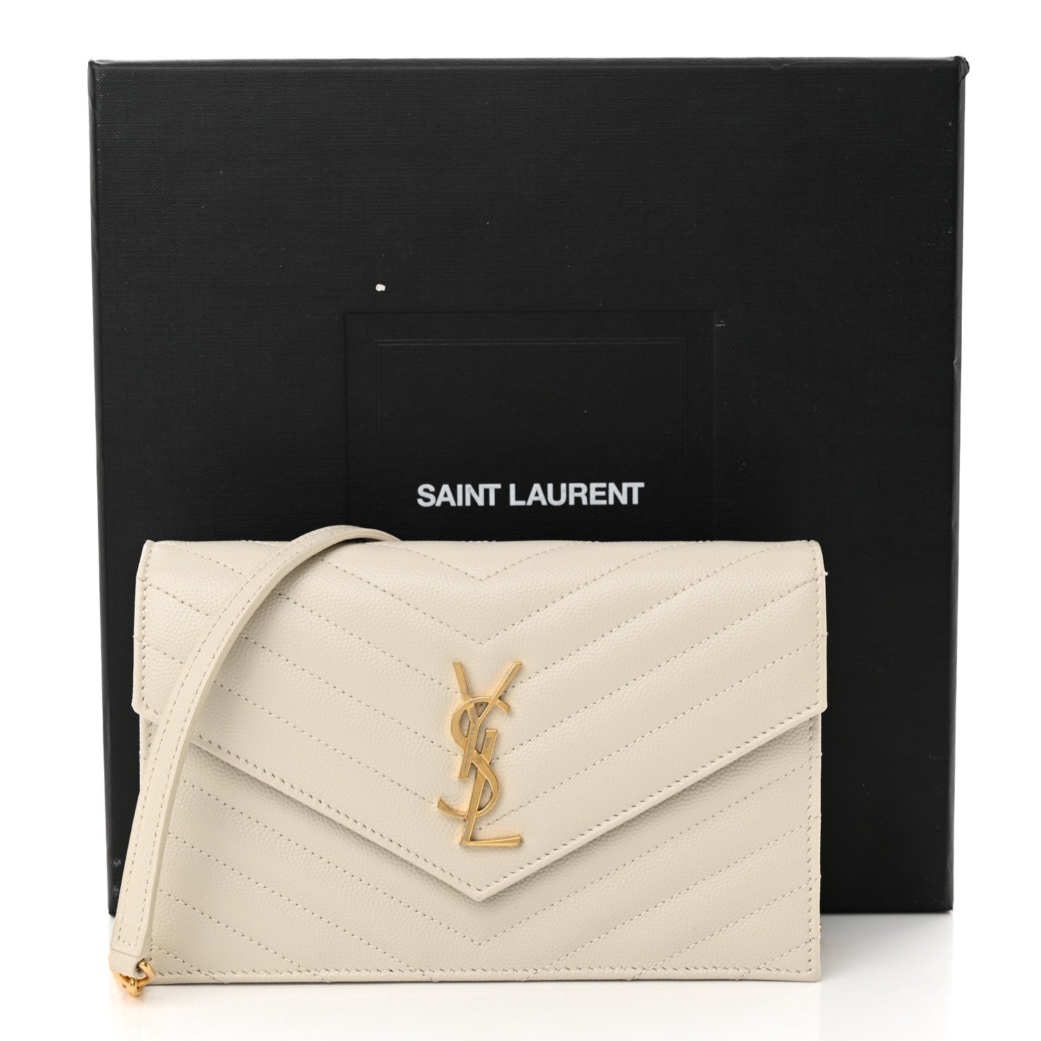 Saint Laurent Grain De Poudre Matelasse Chevron Monogram Envelope Chain Wallet Crema Soft 10 of 10