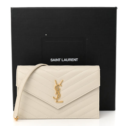 Saint Laurent Grain De Poudre Matelasse Chevron Monogram Envelope Chain Wallet Crema Soft 10 of 10