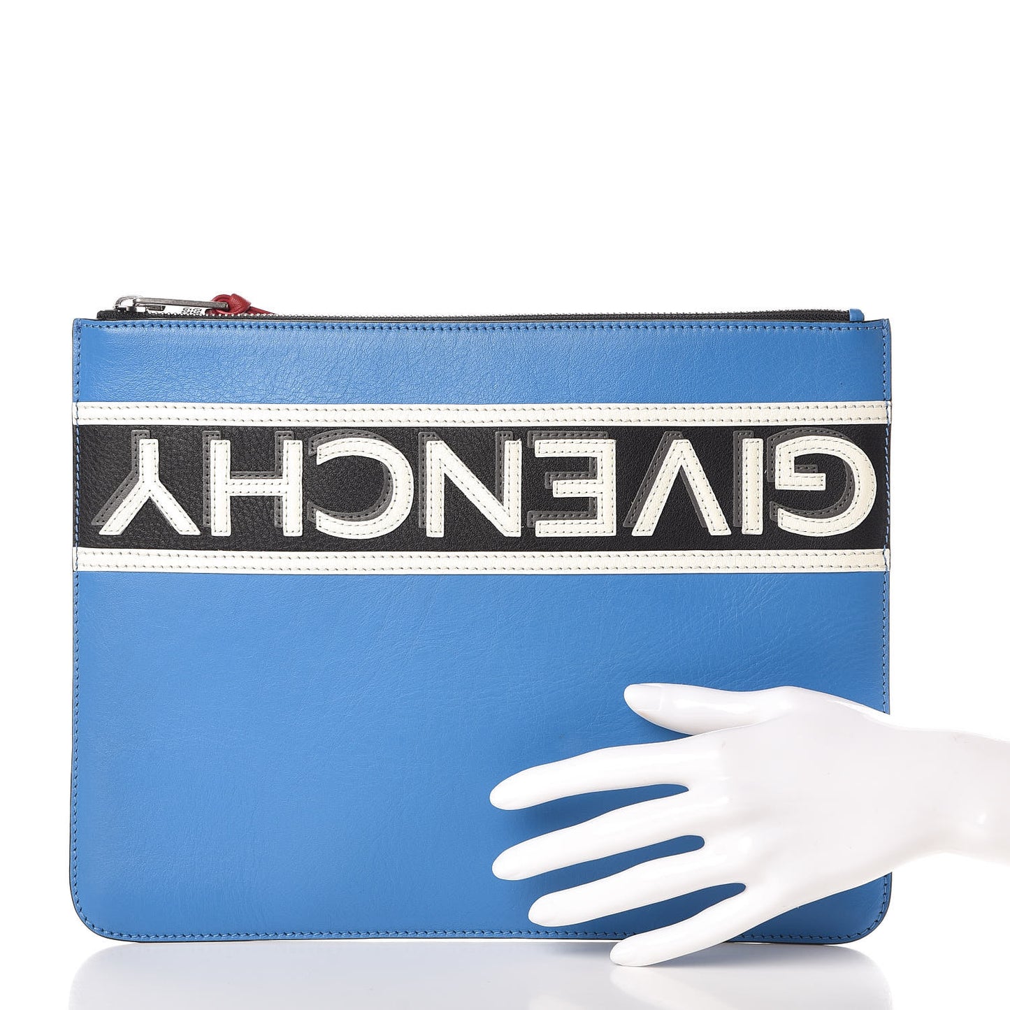 Calfskin Logo Stripe Large Zip Pouch Electric Blue White