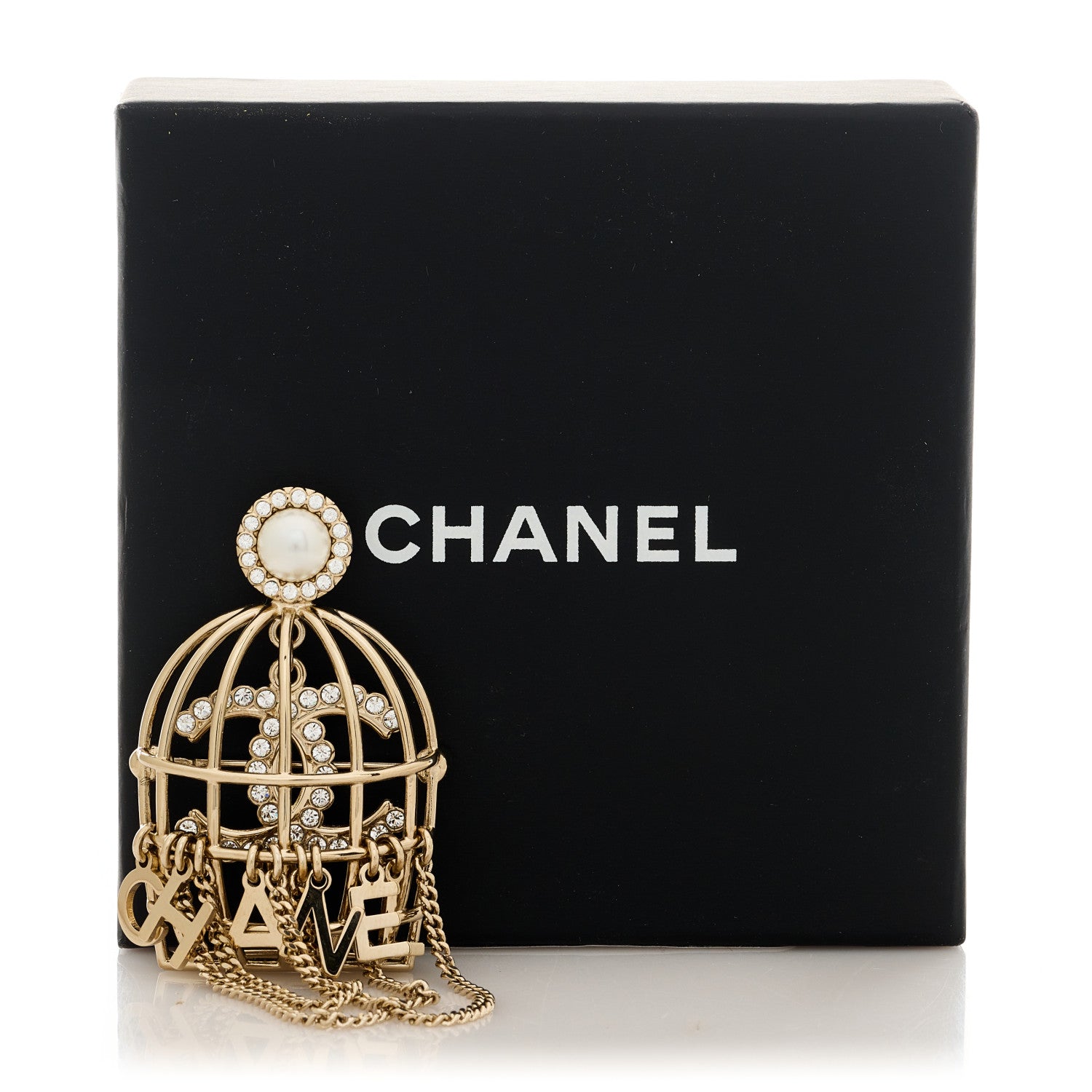 Chanel Pearl Crystal Birdcage Pin Brooch Light Gold 5 of 5