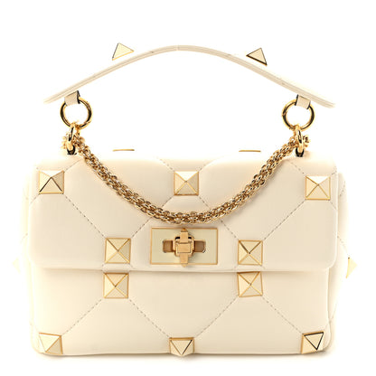 Valentino Garavani Nappa Enamel Medium Roman Stud Shoulder Bag Ivory 1 of 9