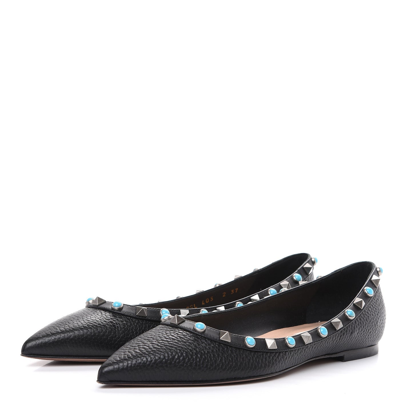 Pebbled Calfskin Rockstud Rolling Ballerina Flats 37 Black