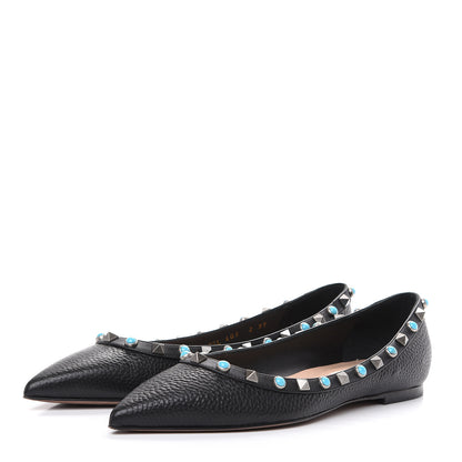 Valentino Garavani Pebbled Calfskin Rockstud Rolling Ballerina Flats 37 Black 3 of 9