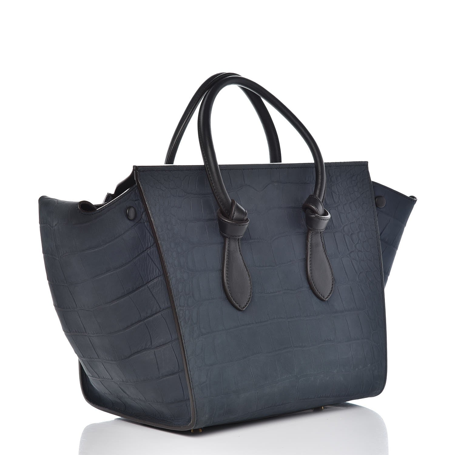 Celine Smooth Calfskin Nubuck Crocodile Embossed Small Tie Knot Tote Navy 4 of 16