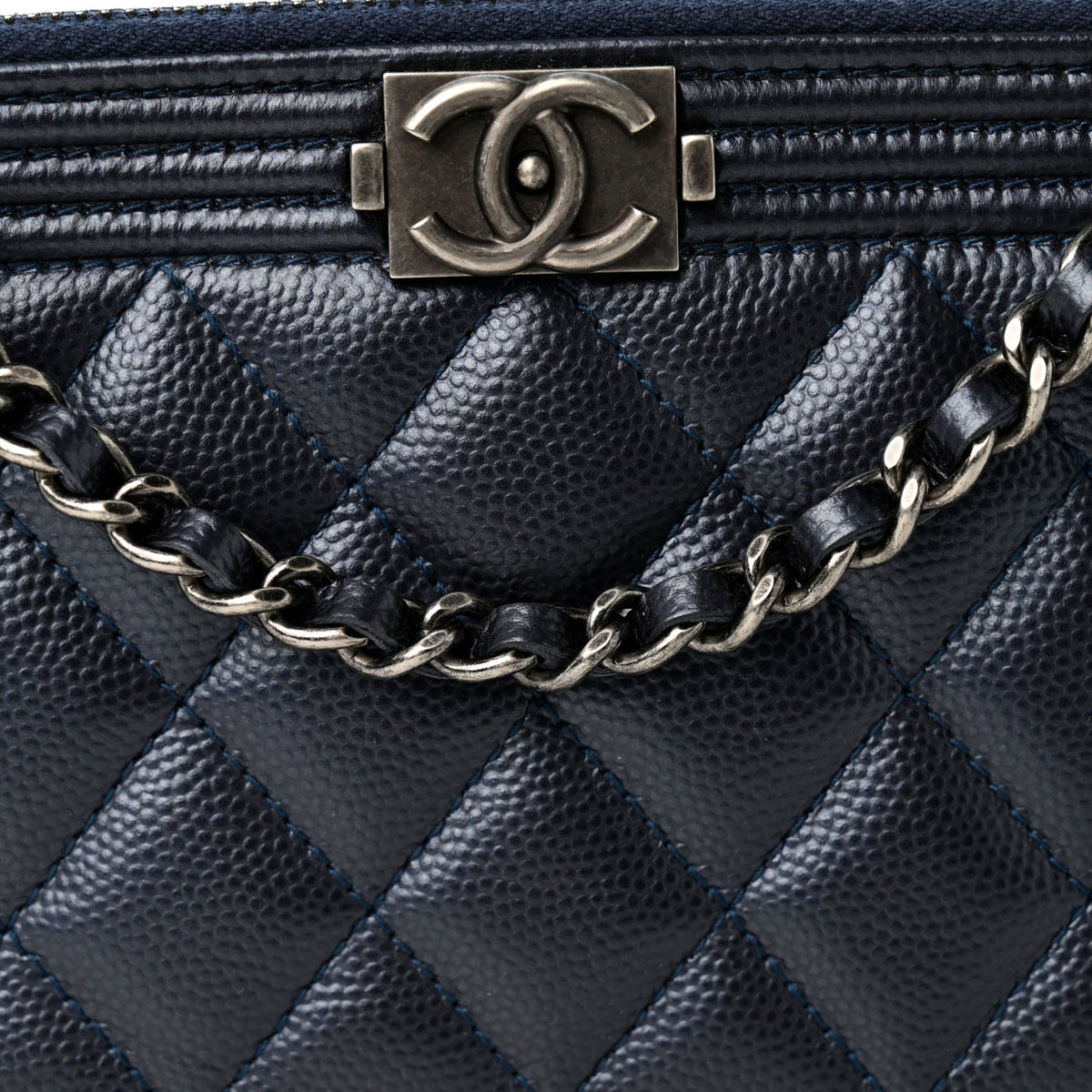 Metallic Caviar Quilted Small Boy Clutch With Chain Navy