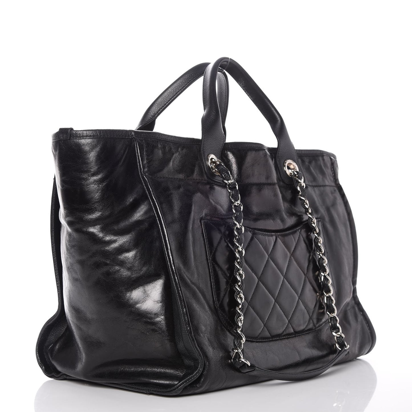 Glazed Calfskin Large Deauville Tote Black