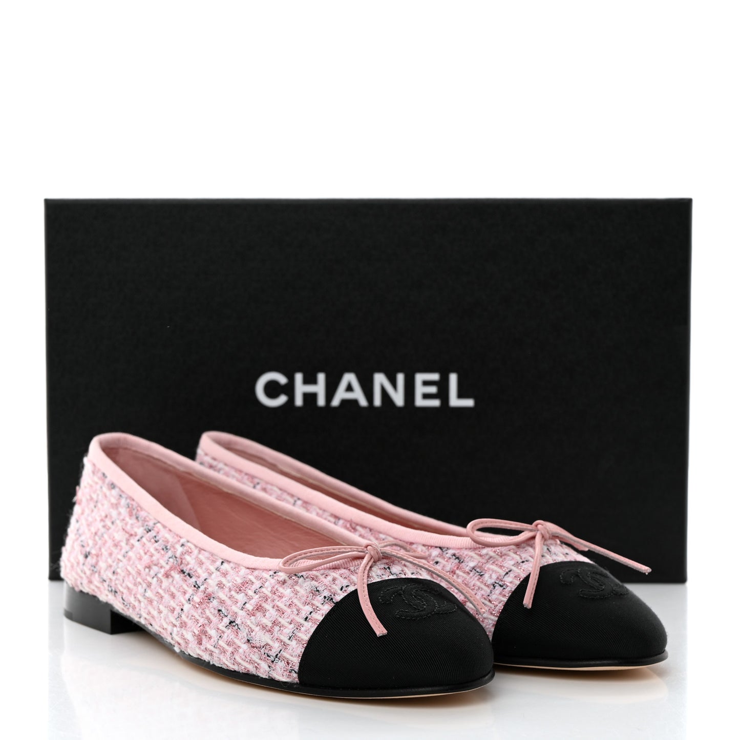 Tweed Grosgrain Cap Toe Ballerina Flats 37 Pink Black