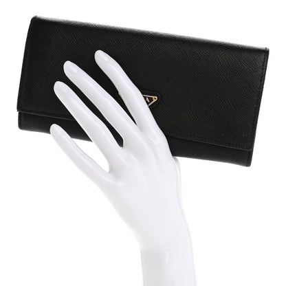 Prada Saffiano Triangle Logo Continental Flap Travel Wallet Black 2 of 16