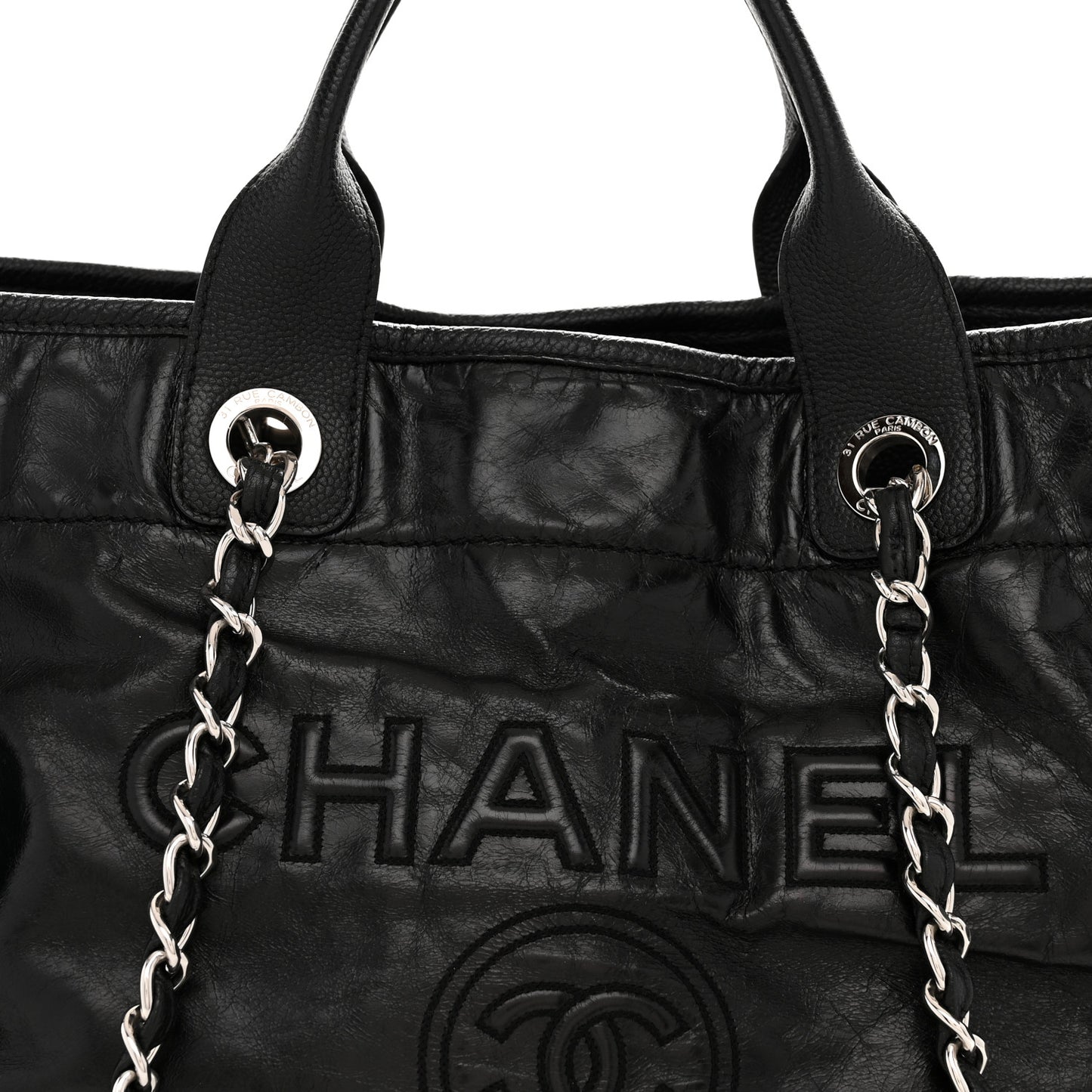 Glazed Calfskin Medium Deauville Tote Black