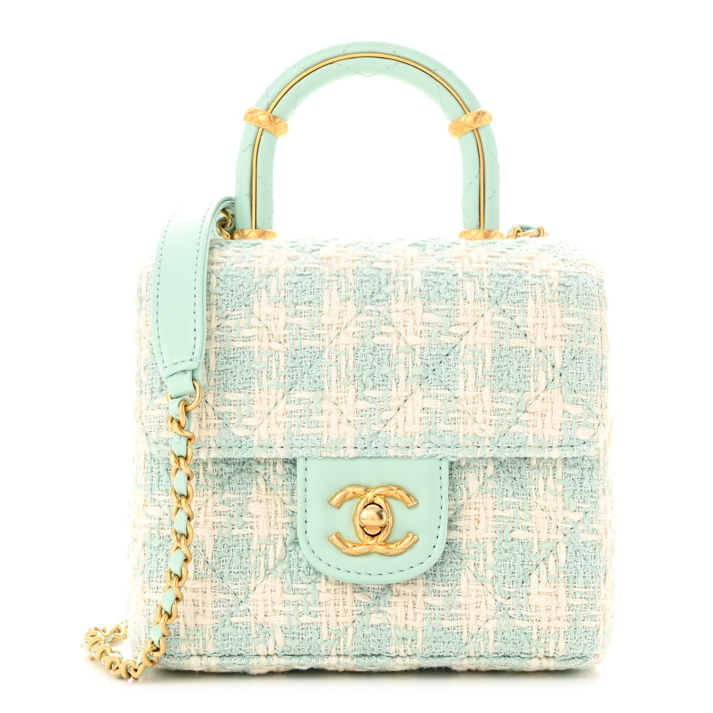 Tweed Handle Crush Top Handle Flap Bag Light Blue Ecru