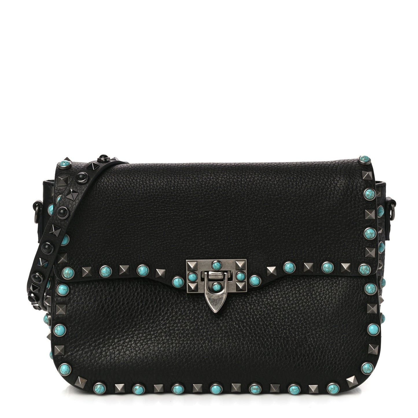 Pebbled Calfskin Turquoise Medium Rockstud Rolling Flap Saddle Bag Black