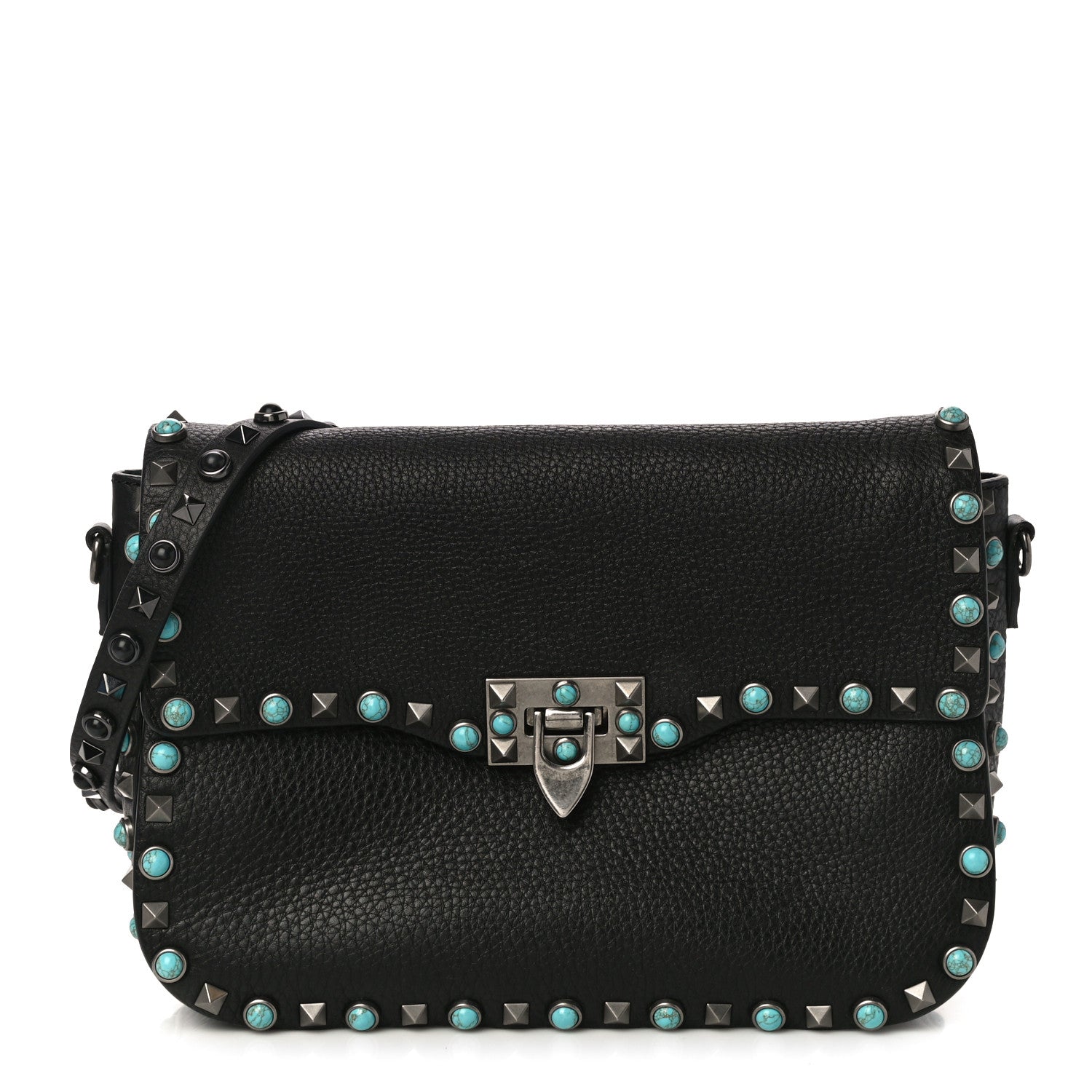 Valentino Garavani Pebbled Calfskin Turquoise Medium Rockstud Rolling Flap Saddle Bag Black 1 of 10