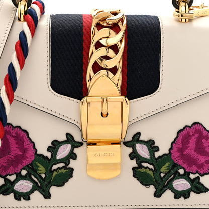 Gucci Calfskin Embroidered Mini Sylvie Top Handle Bag White 8 of 14