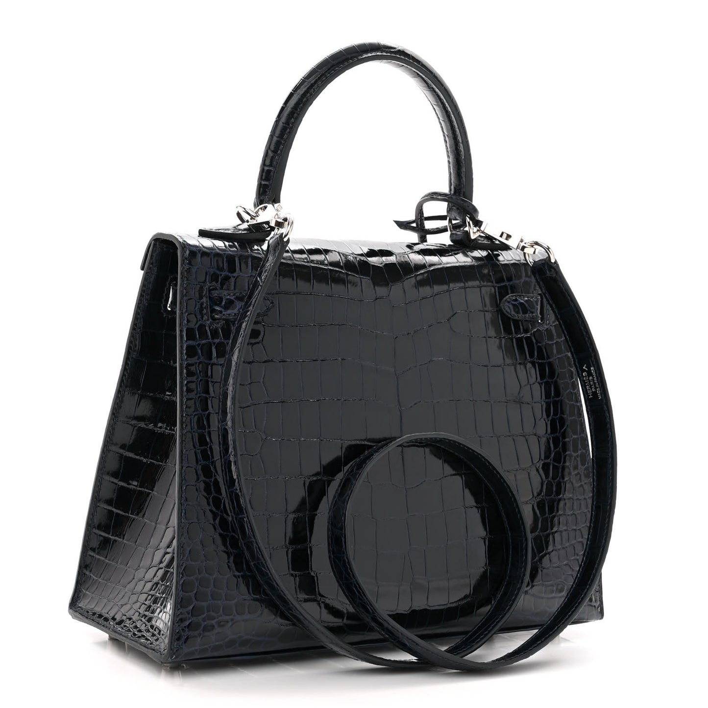 Shiny Porosus Crocodile Kelly Sellier 25 Bleu Marine