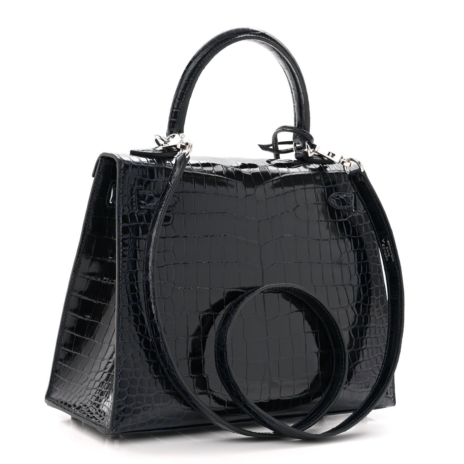 Hermes Shiny Porosus Crocodile Kelly Sellier 25 Bleu Marine 3 of 11