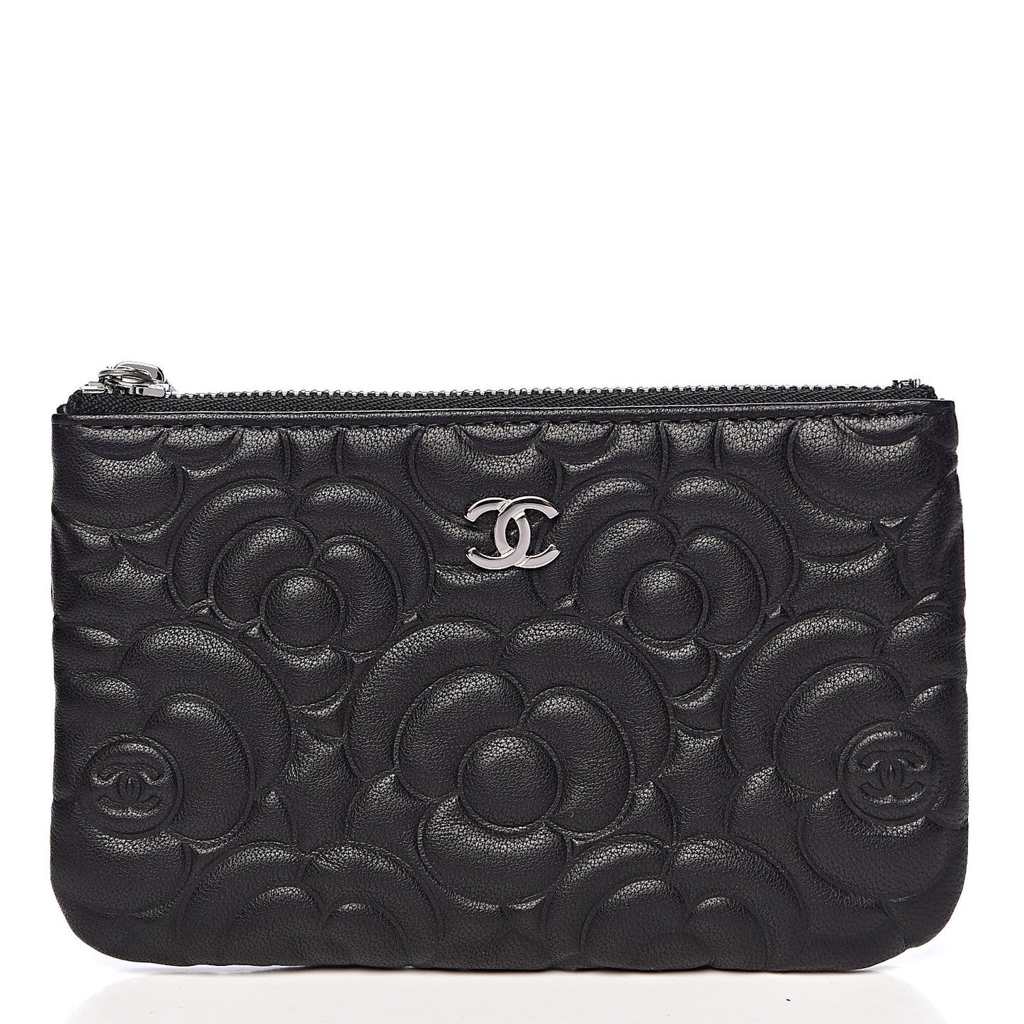 Goatskin Camellia Embossed Cosmetic Pouch Black