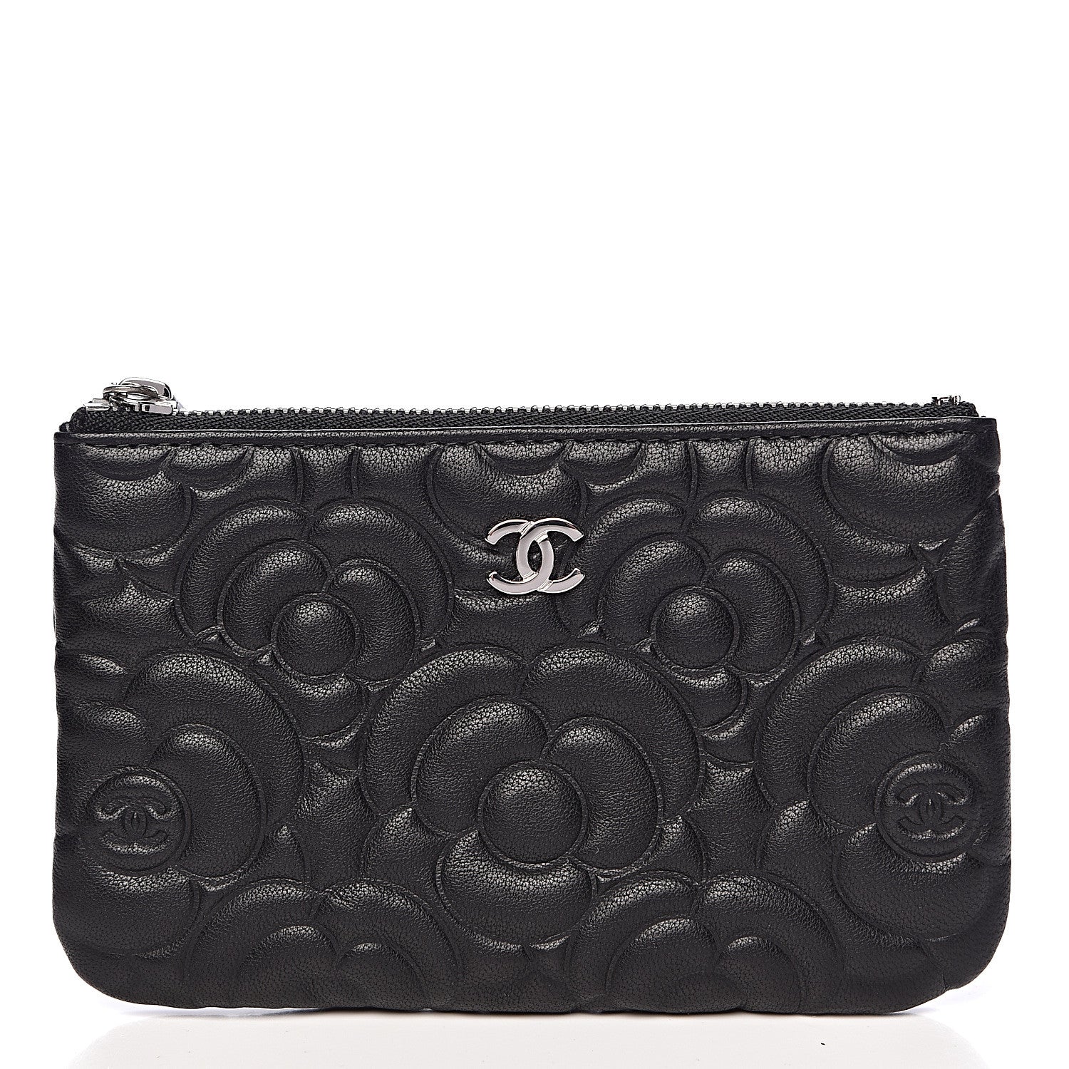 Chanel Goatskin Camellia Embossed Cosmetic Pouch Black 1 of 9