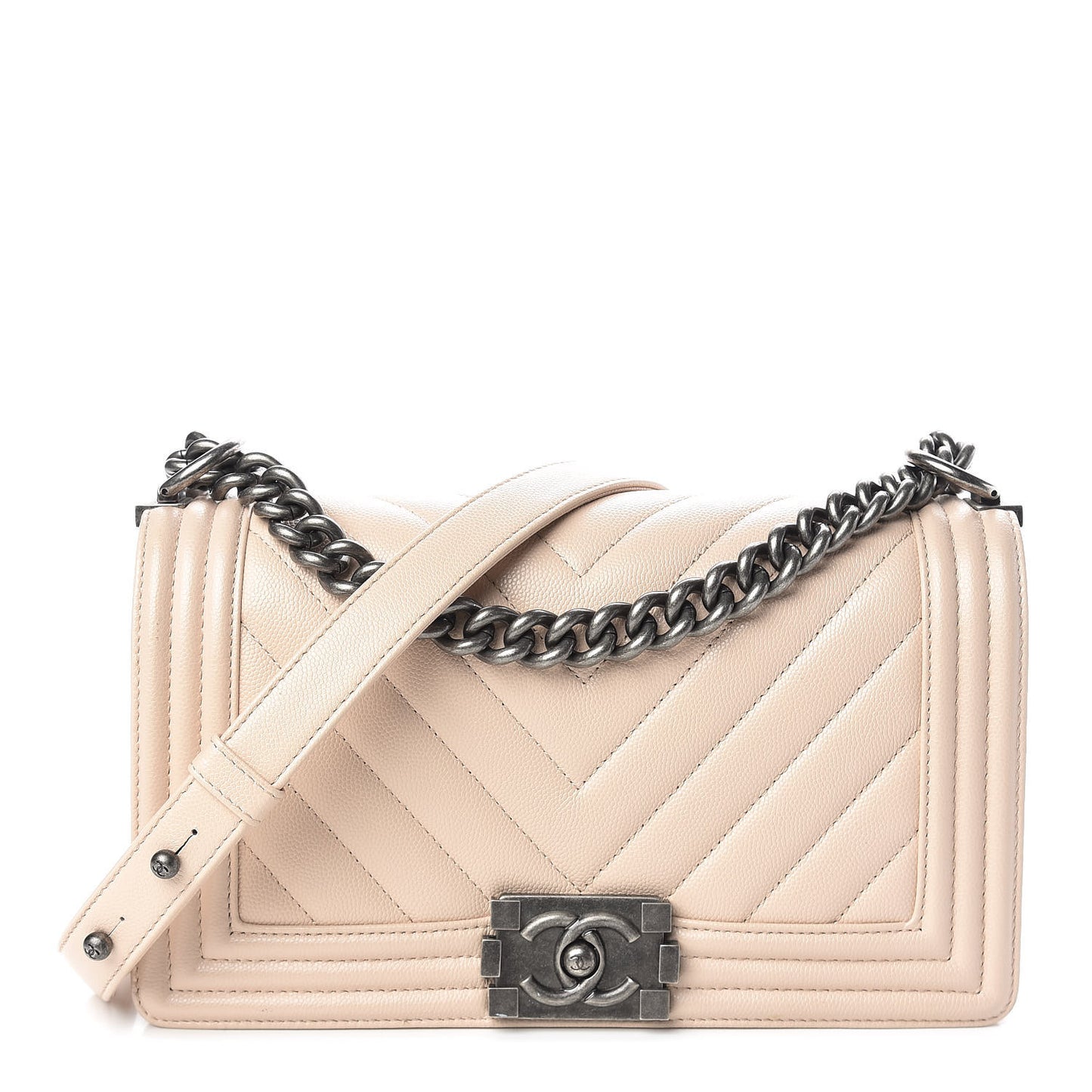 Caviar Chevron Quilted Medium Boy Flap Light Beige