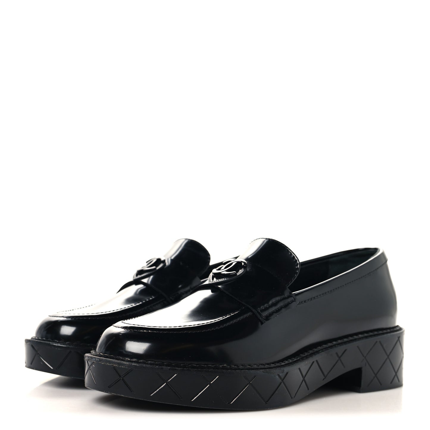Shiny Calfskin Quilted CC Mocassin Loafers 37 Black