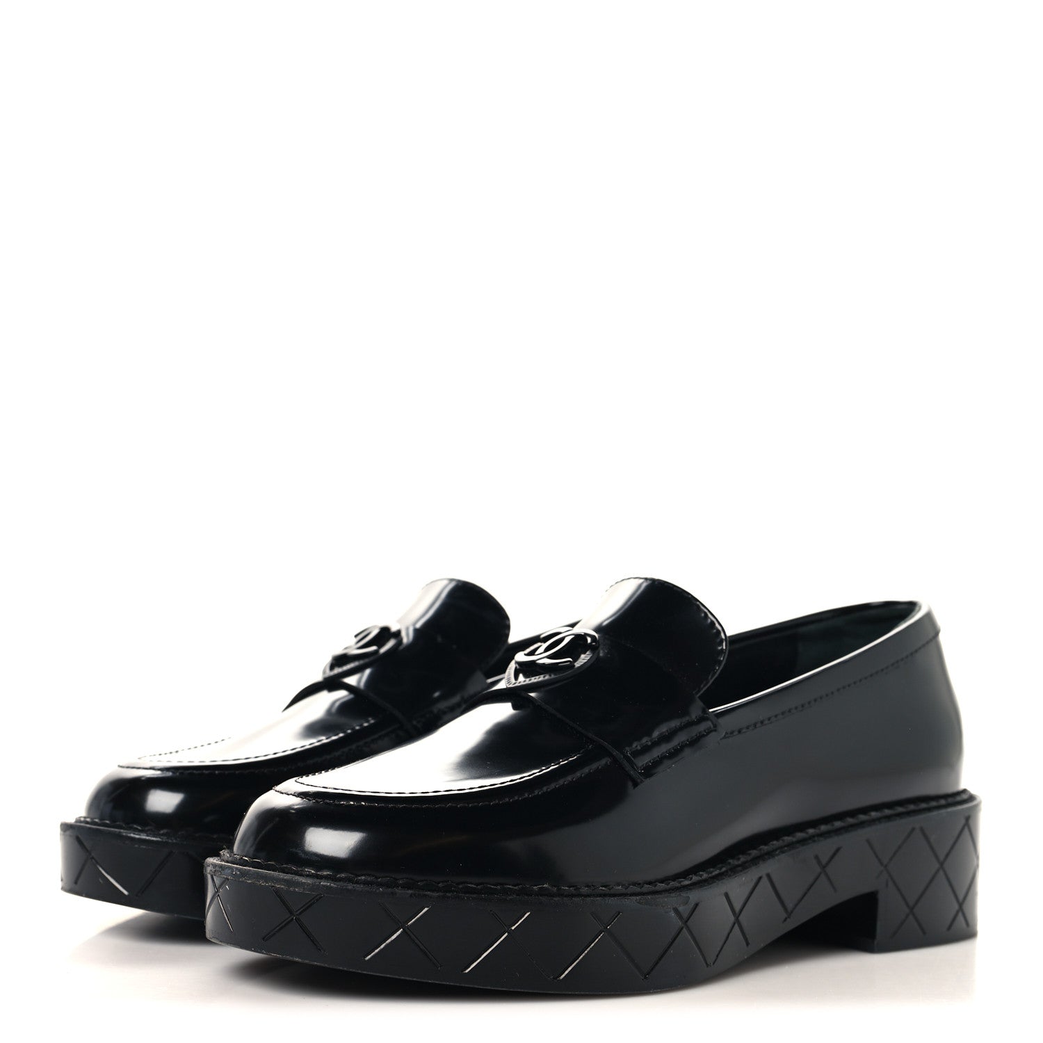 Chanel Shiny Calfskin Quilted CC Mocassin Loafers 37 Black 4 of 10