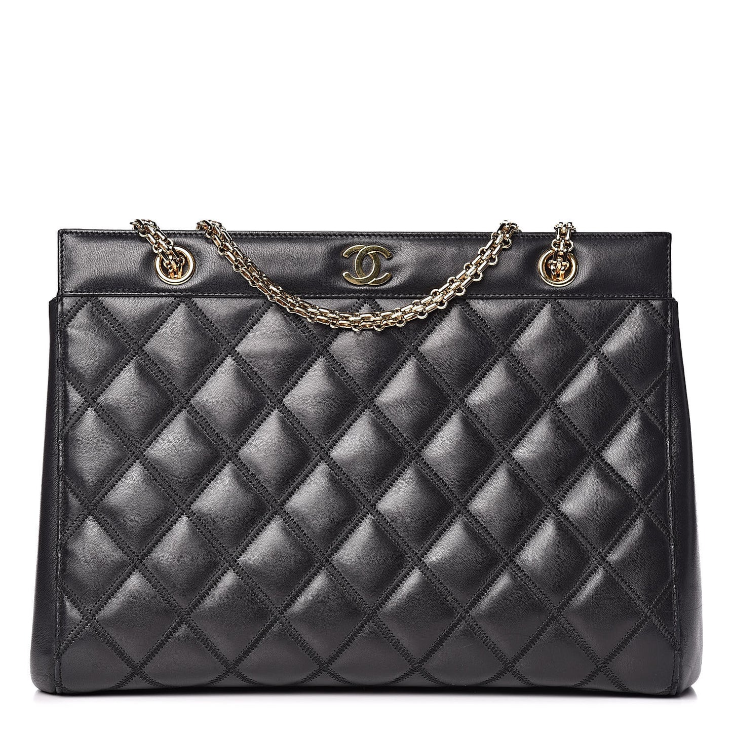 Lambskin Double Stitch Quilted Tote Black