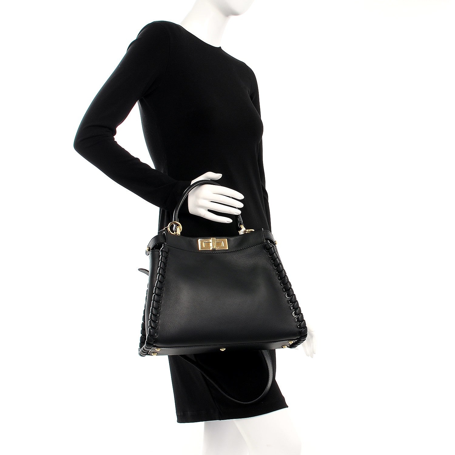 Fendi Vitello Seta Lace Up Medium Peekaboo Iconic Satchel Black 3 of 9