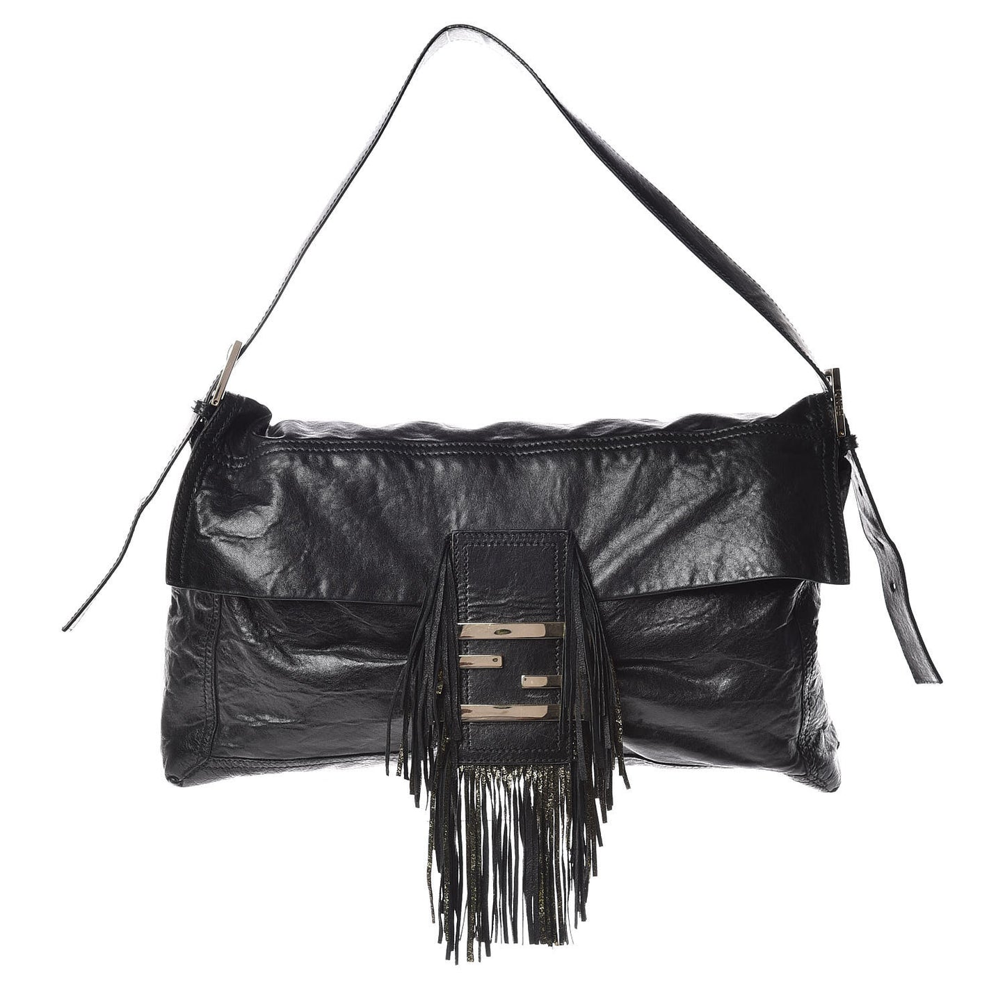 Crumpled Calfskin Fringe Large Convertible Baguette Black