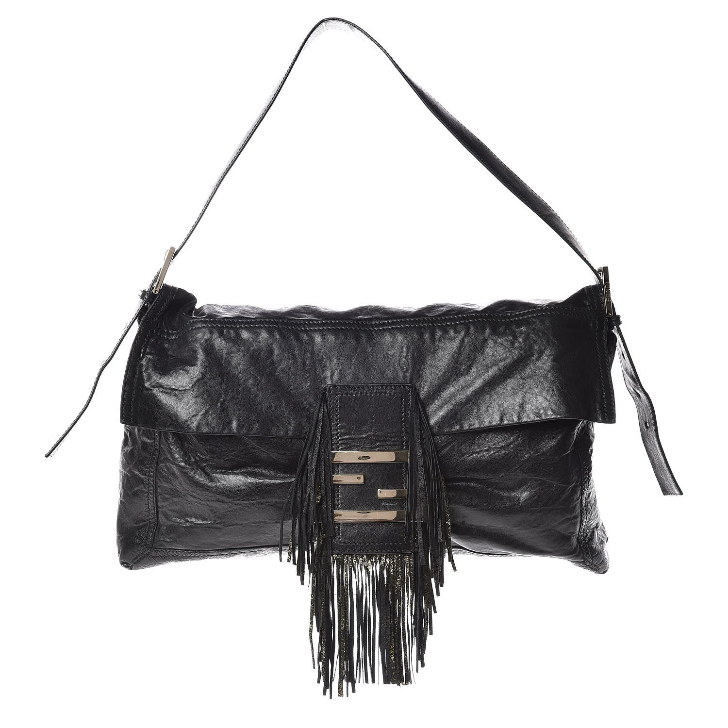 Fendi Crumpled Calfskin Fringe Large Convertible Baguette Black 1 of 18