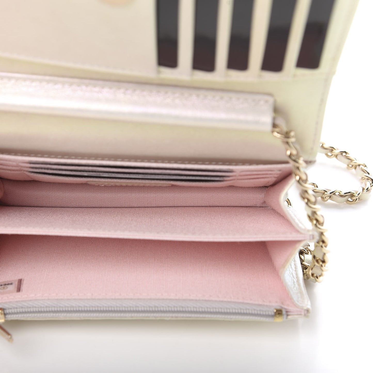 Iridescent Lambskin Quilted Mini Wallet On Chain WOC Ivory
