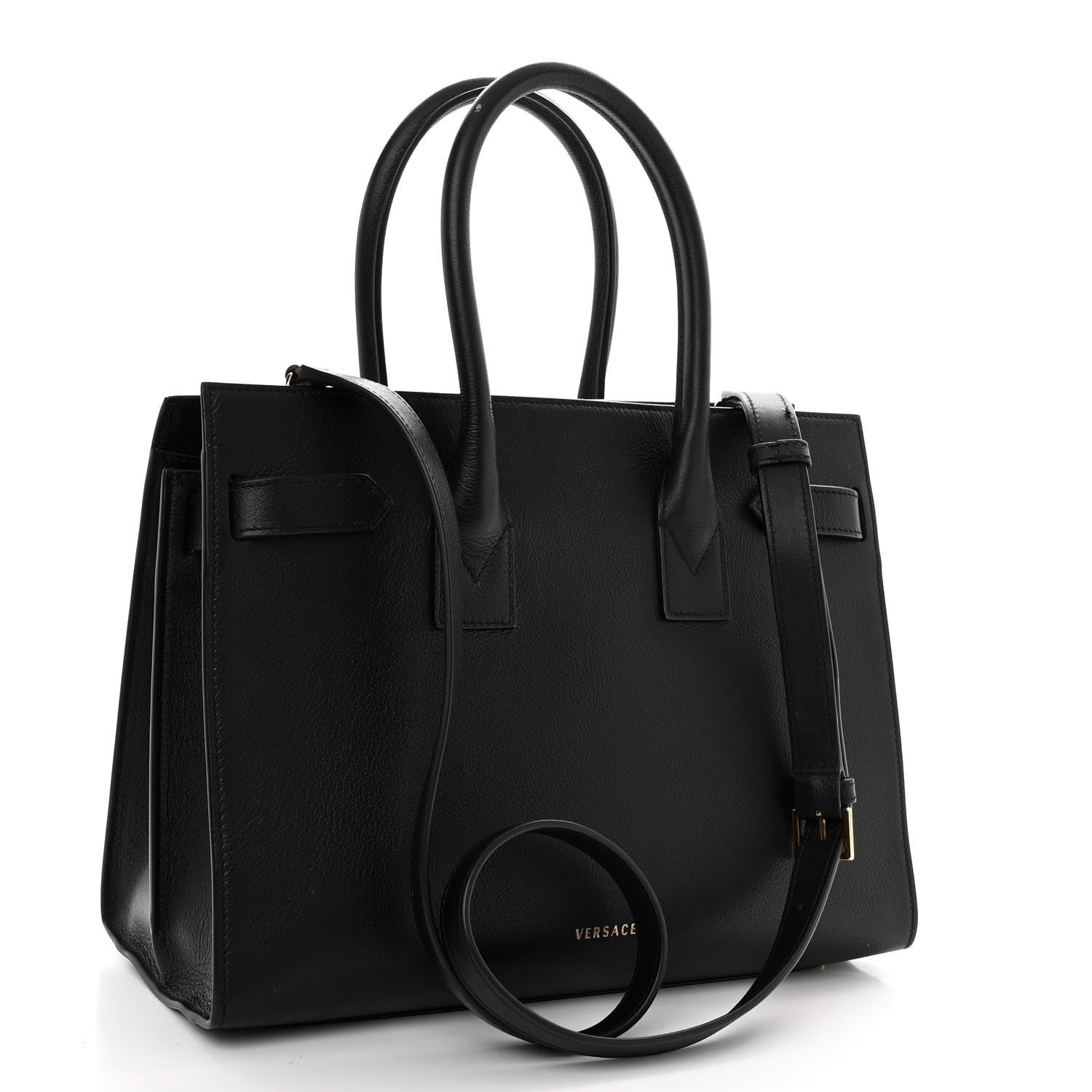 Versace Grained Calfskin Large Virtus Top Handle Shoulder Bag Black 3 of 9