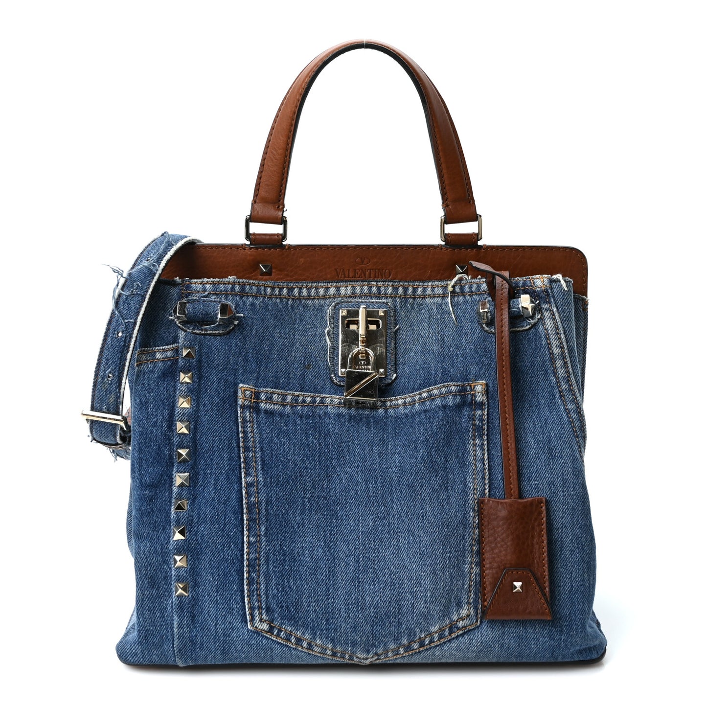 Calfskin Denim Rockstud Medium Joylock Satchel Blue