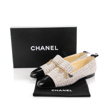 Chanel Tweed Patent Cap Toe Charm Loafers 39.5 Ecru Black Gold 9 of 11