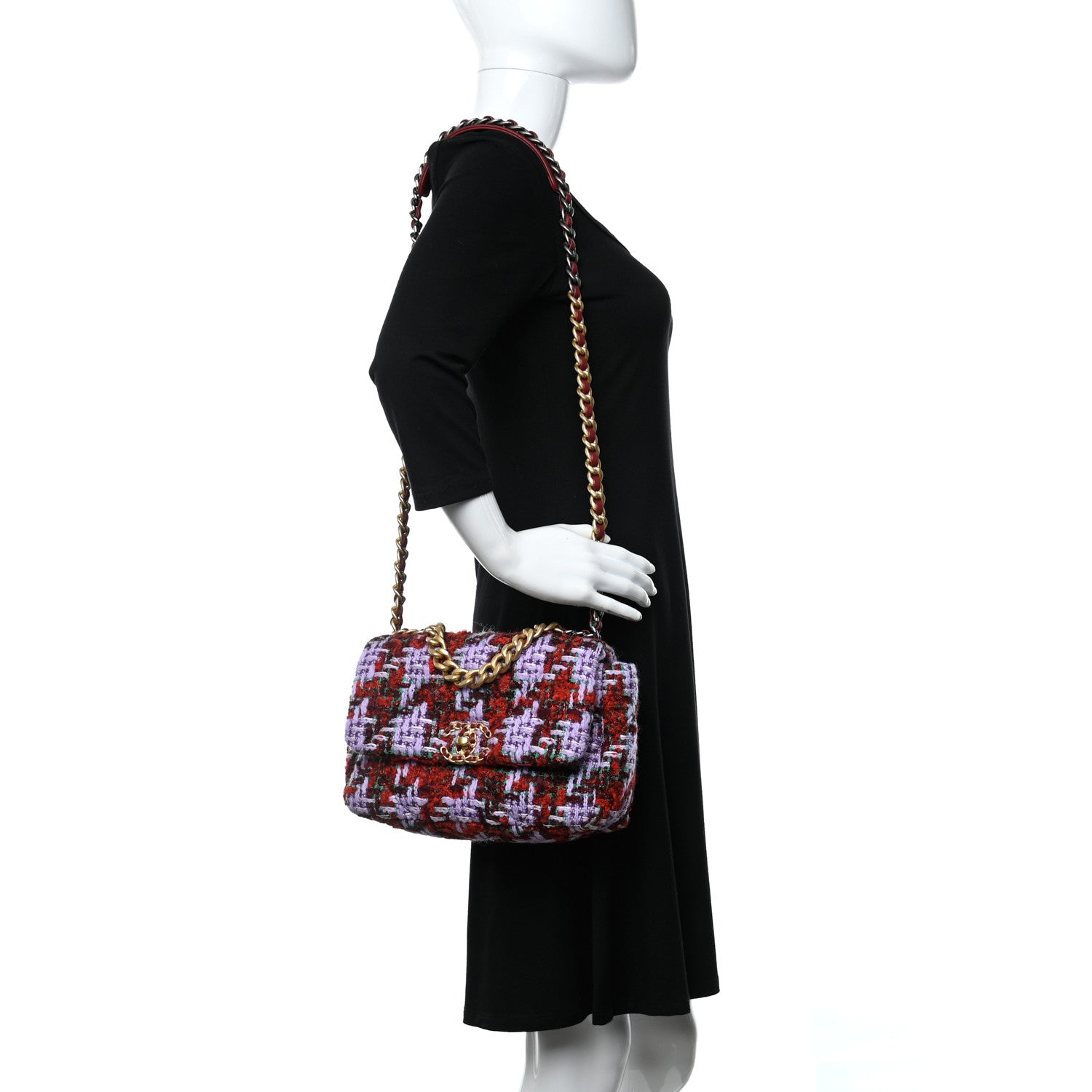 Chanel Tweed Quilted Medium Chanel 19 Flap Red Purple Green 2 of 9