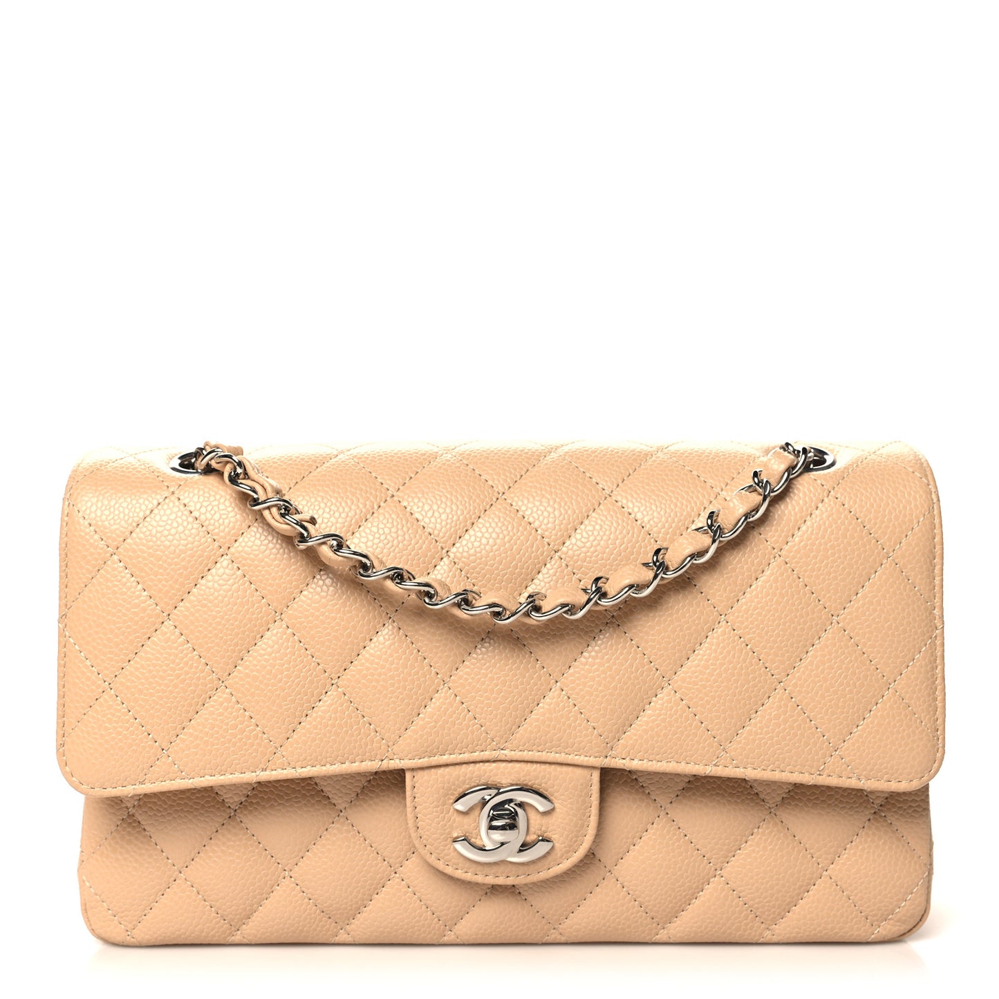 Lambskin Quilted Medium Double Flap Beige