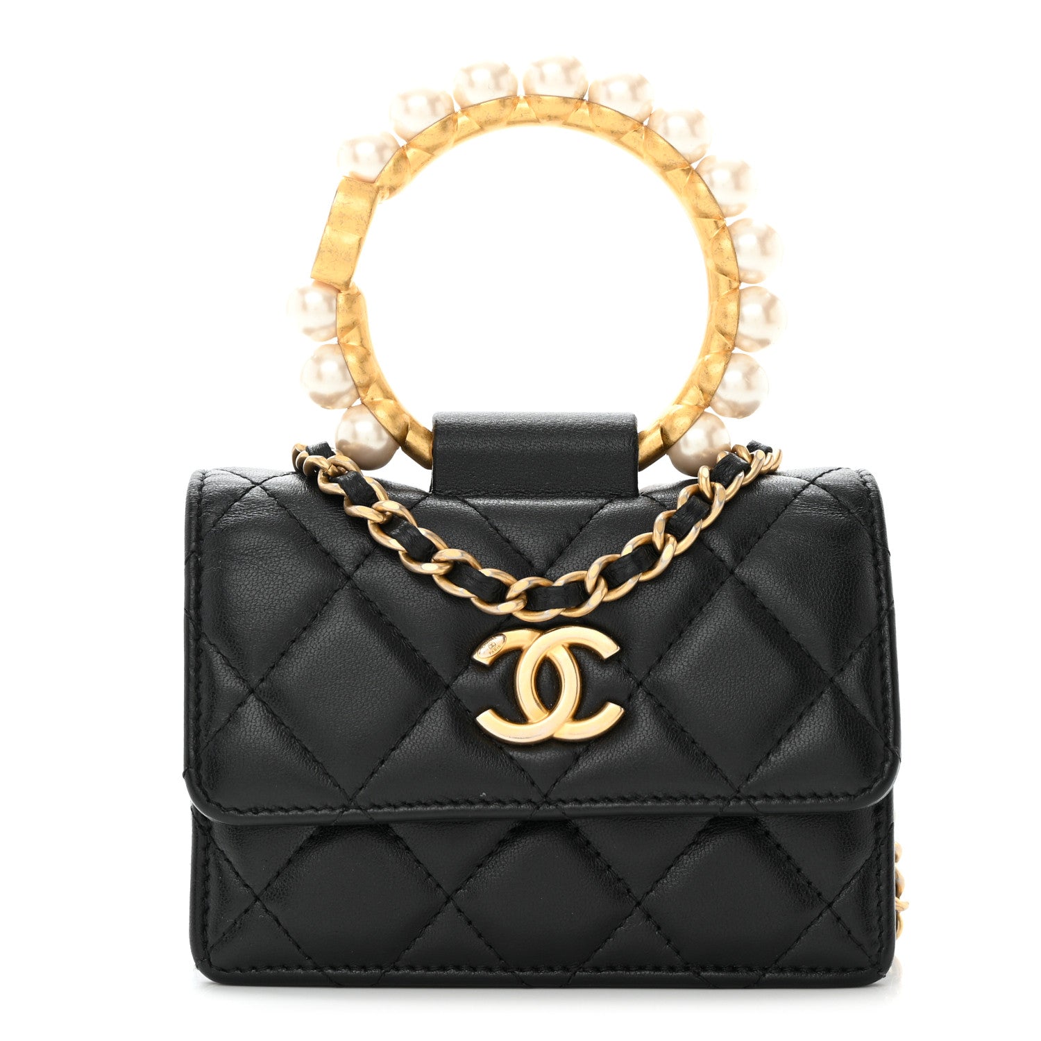 Chanel Lambskin Quilted Pearl Crown Clutch With Chain Black 1 of 12